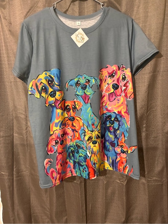 Tops - Unbranded Blue Tee with Colorful Dog Art - Women's Pets Dog Shirt